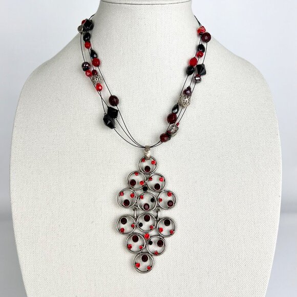 Chicos Antique Silver Red Black Pendant Necklace Earrings Matching Set - Picture 2 of 12